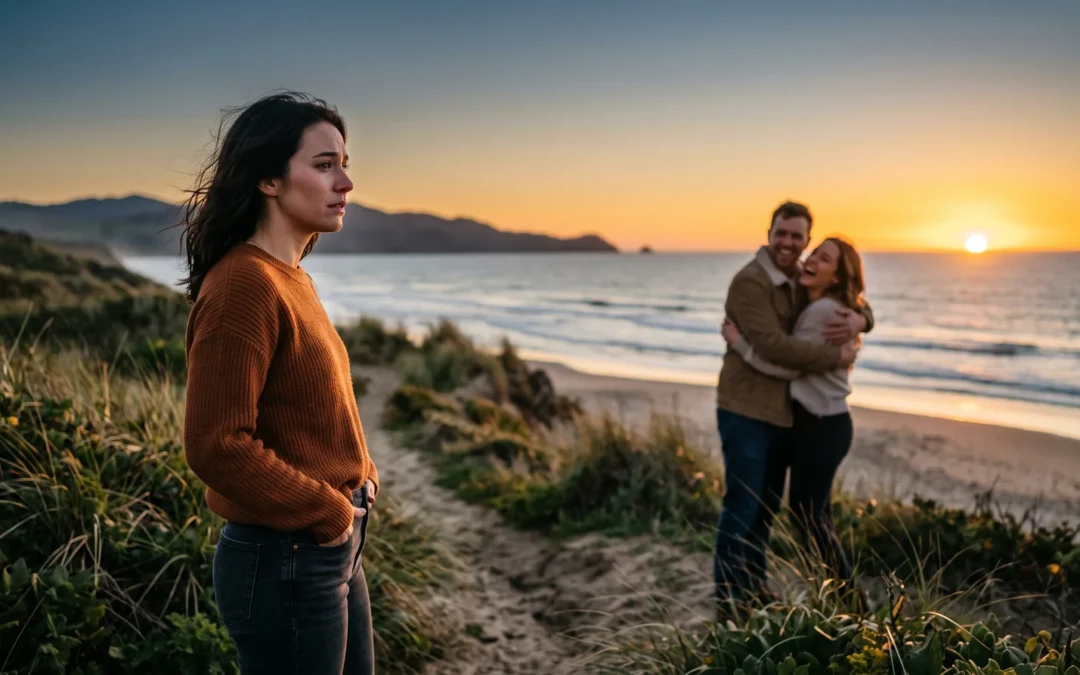 Mujer mirando desde lejos a una pareja abrazada y sonriente, con expresión de anhelo, en una escena cálida de atardecer.