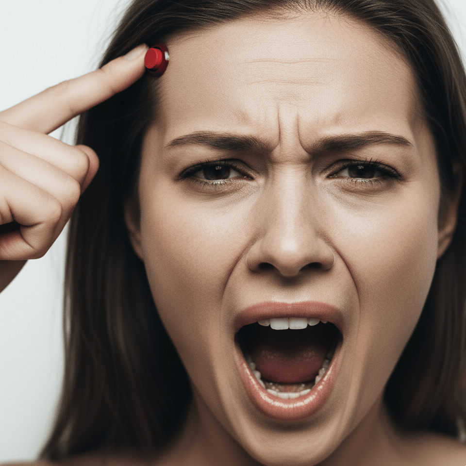 Mujer en primer plano gritando con mirada desesperada mientras presiona la sien con el dedo, como intentando “apagar” la cabeza.