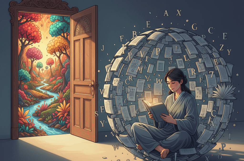 Ilustración surrealista de una persona leyendo dentro de una jaula hecha de páginas de libros y letras flotantes, con una puerta abierta hacia un paisaje vibrante al fondo, representando la trampa del autoconocimiento intelectual versus la experiencia emocional real