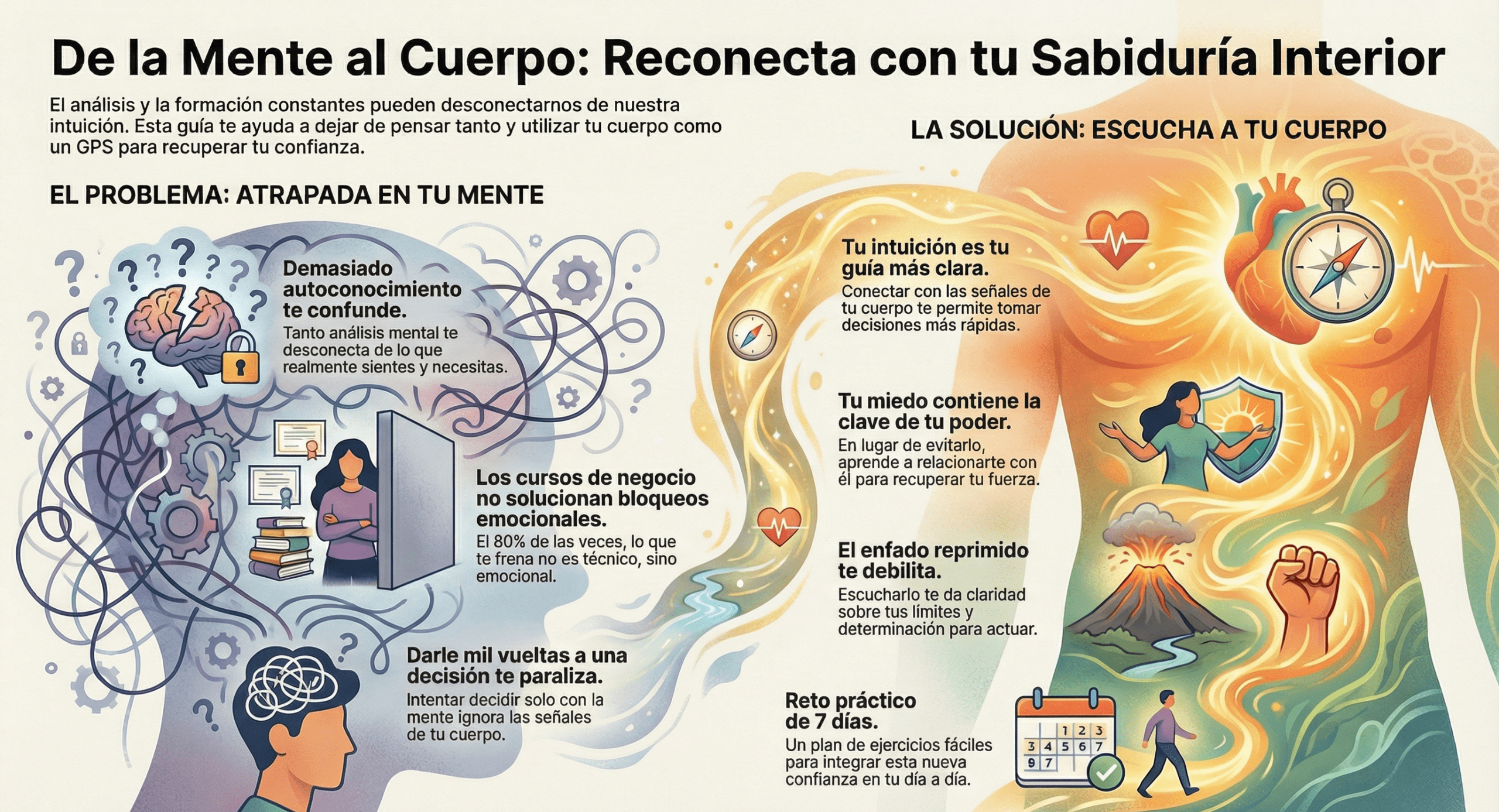 Infografía que muestra el contraste entre estar atrapada en la mente, con exceso de análisis y cursos, y la solución de escuchar el cuerpo, la intuición y las emociones para recuperar la confianza.