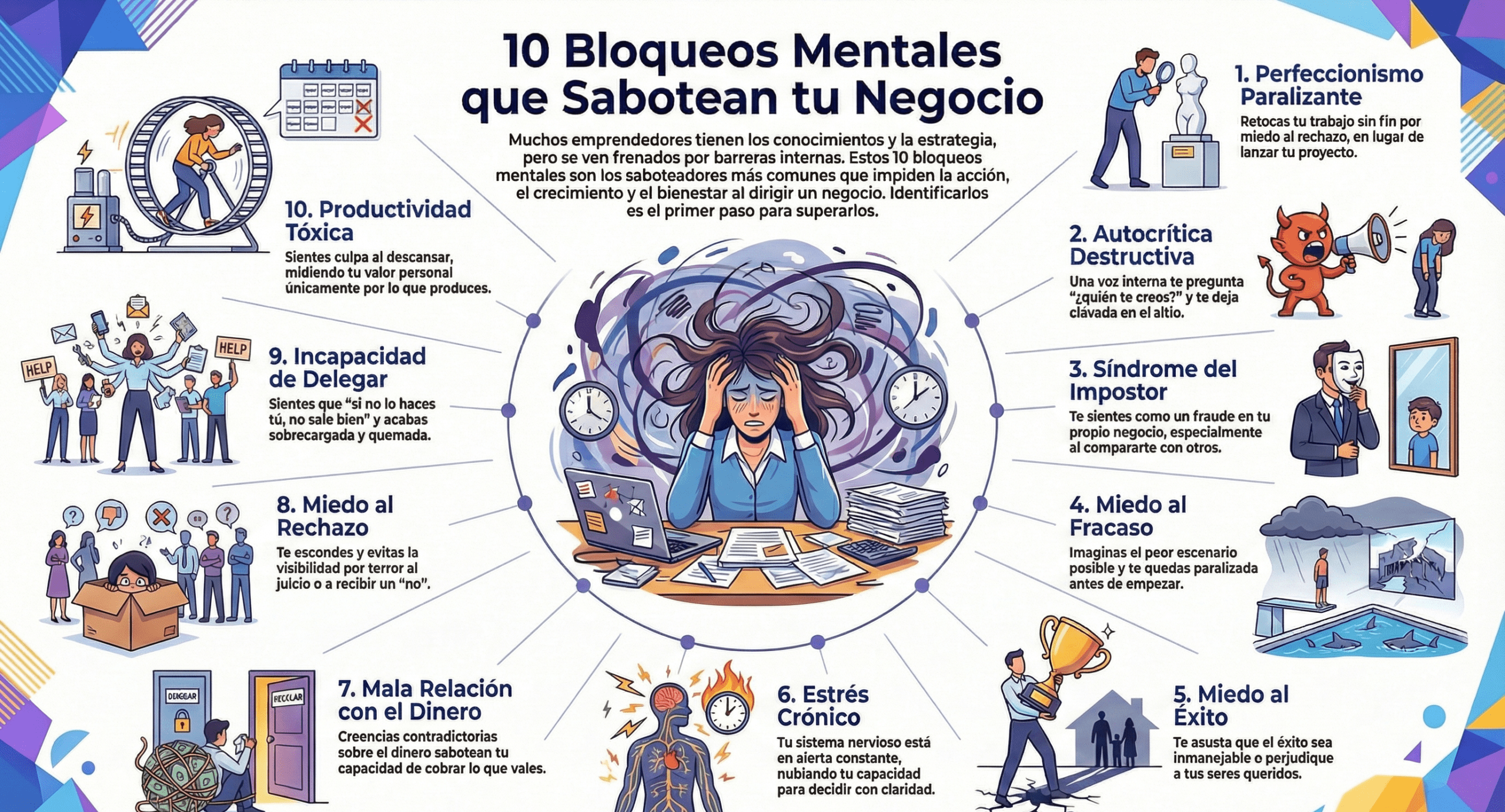 Infografía con los 10 bloqueos mentales que sabotean tu negocio, incluyendo perfeccionismo paralizante, autocrítica destructiva, síndrome del impostor, miedo al fracaso y al éxito, estrés crónico, mala relación con el dinero, miedo al rechazo, incapacidad de delegar y productividad tóxica.
