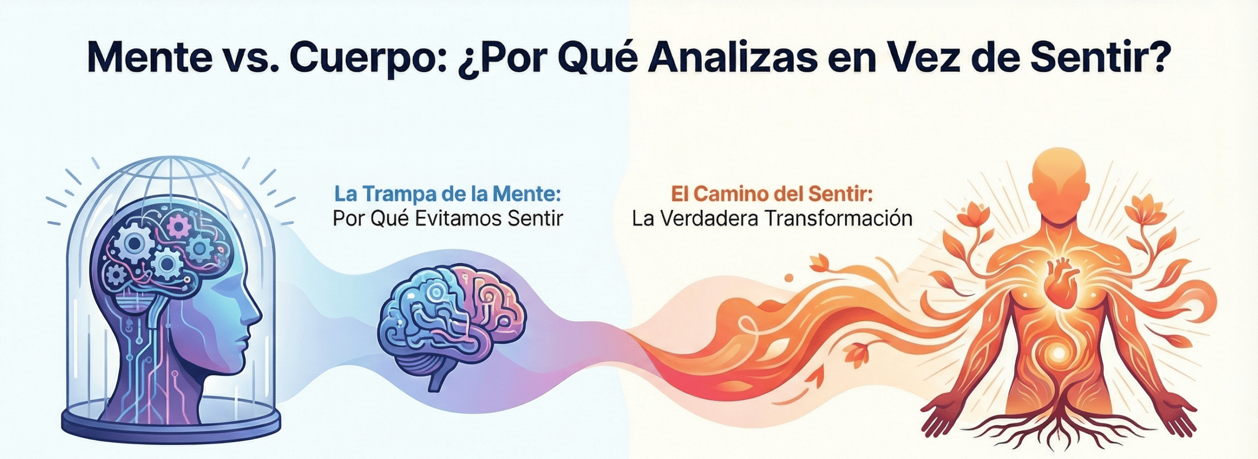 Infografía “Mente vs. Cuerpo: por qué analizas en vez de sentir” sobre la trampa del autoconocimiento mental y el camino de sanar bajando al cuerpo y a las emociones