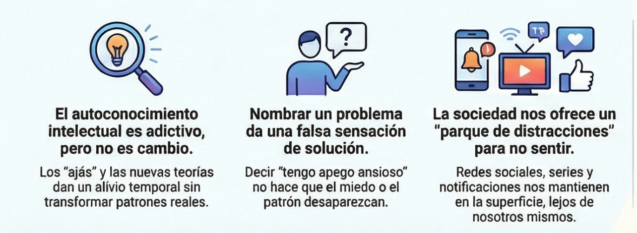 Infografía “Mente vs. Cuerpo: por qué analizas en vez de sentir” sobre la trampa del autoconocimiento mental y el camino de sanar bajando al cuerpo y a las emociones