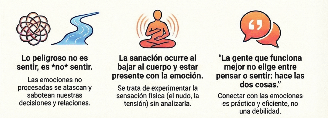 Infografía “Mente vs. Cuerpo: por qué analizas en vez de sentir” sobre la trampa del autoconocimiento mental y el camino de sanar bajando al cuerpo y a las emociones