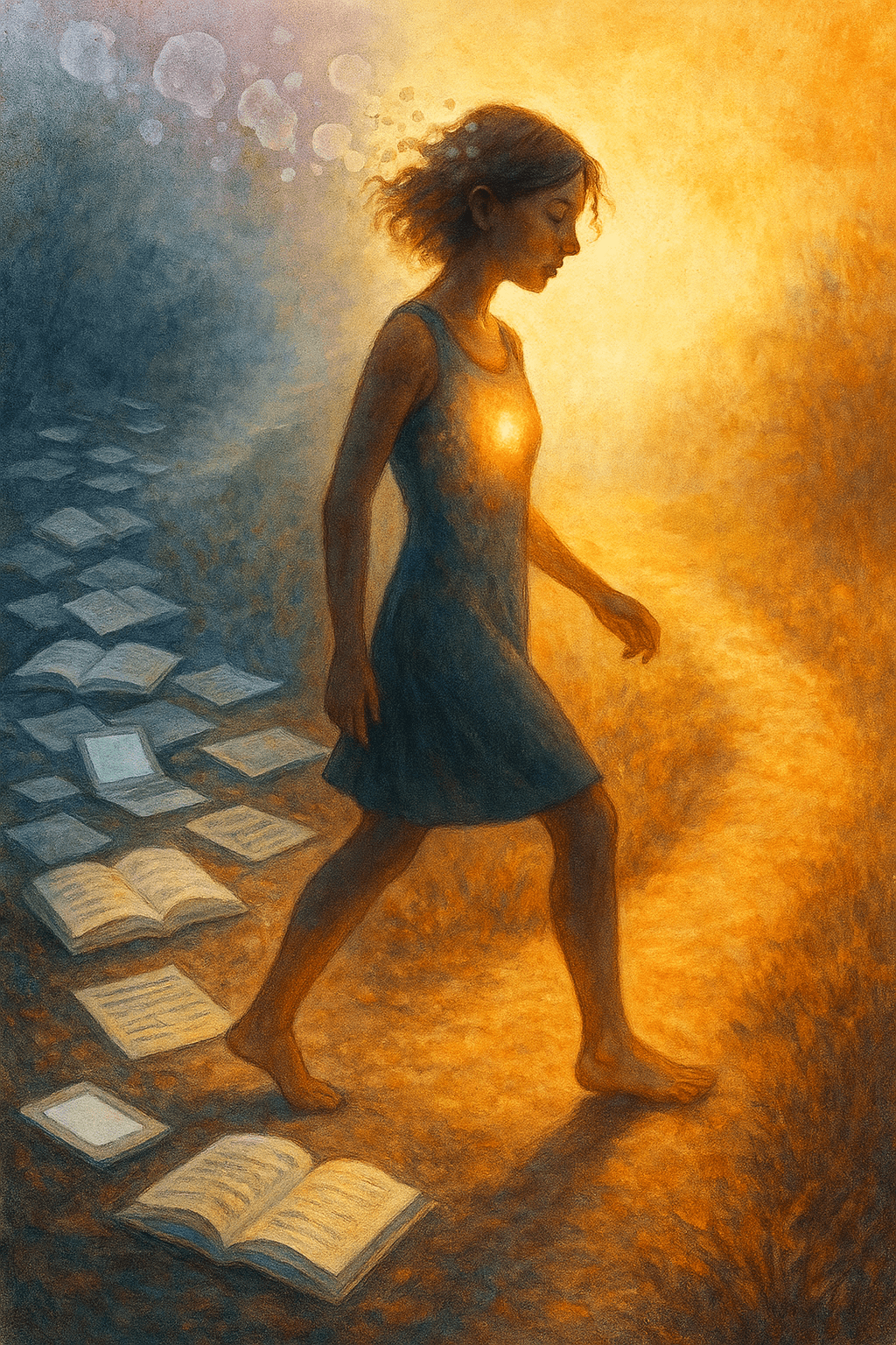 Ilustración de mujer atrapada en análisis mental y teorías versus mujer conectada con sensaciones corporales representando el paso del autoconocimiento intelectual externo a la sabiduría interna del cuerpo. Imagen generada por Raquel Morales con IA de Bing