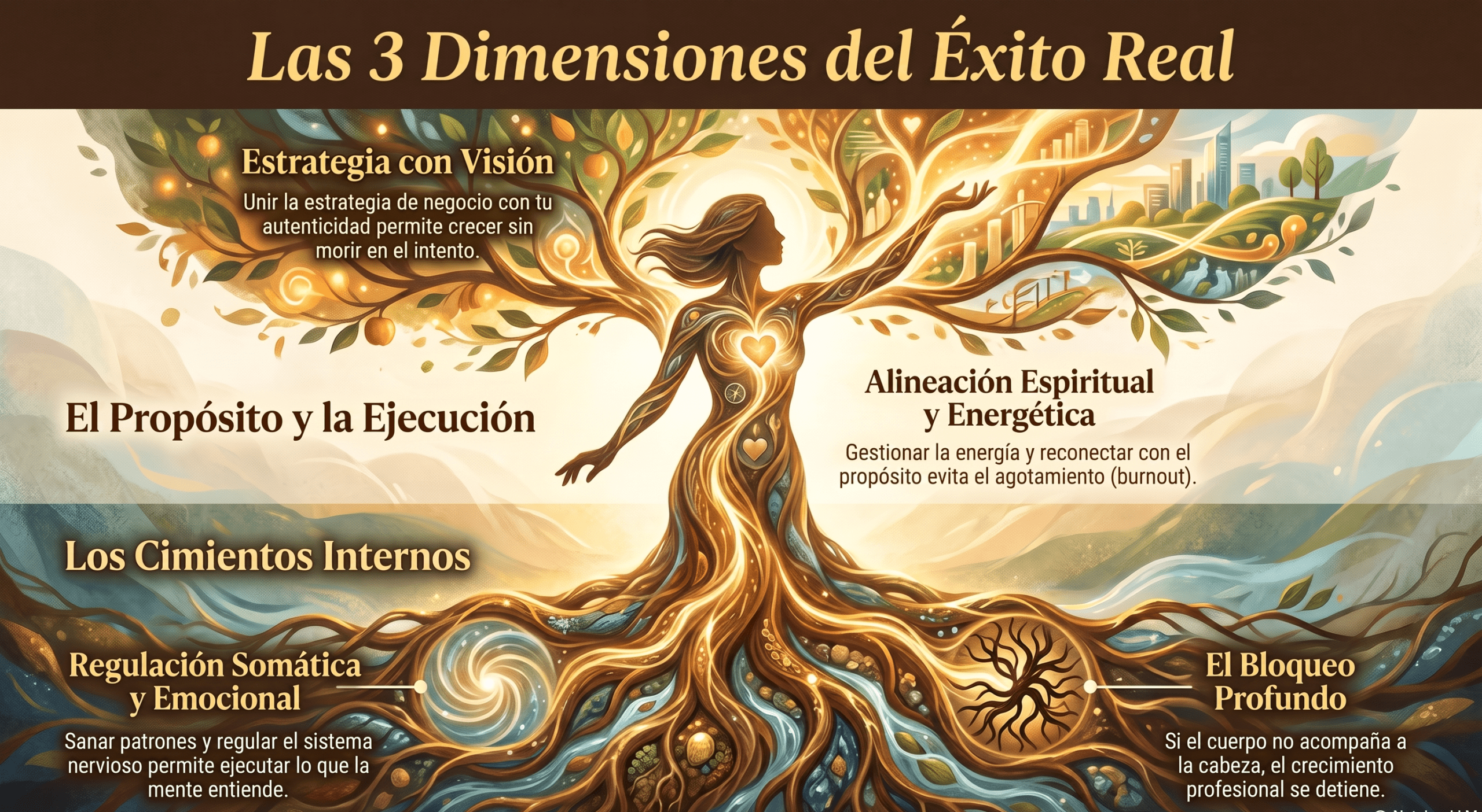 Infografía de las 3 Dimensiones del Éxito Real: Estrategia con Visión, Alineación Espiritual y Cimientos Internos o Somáticos.