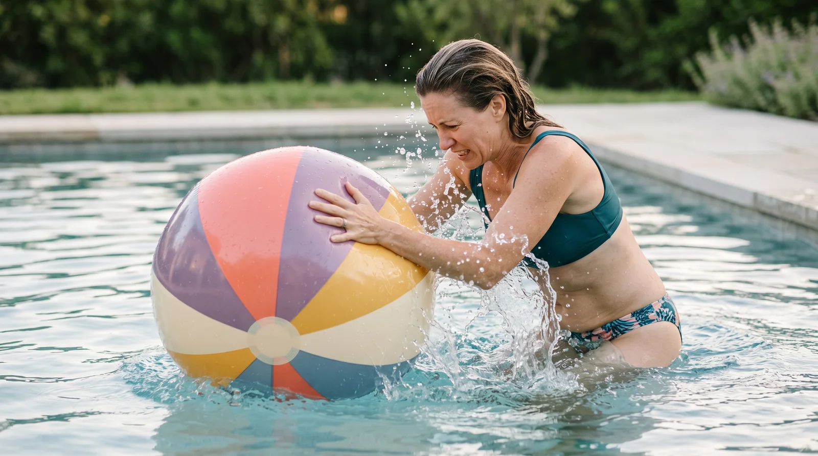 Mujer intenta hundir una gran pelota de playa que vuelve a salir a la superficie de una piscina.