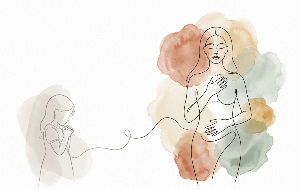 Ilustración minimalista en estilo line art y acuarela que representa la transición de una niña rígida y obediente a una mujer serena y segura de sí misma, con sus manos apoyadas en el pecho y el vientre en señal de profunda conexión somática e intuitiva.