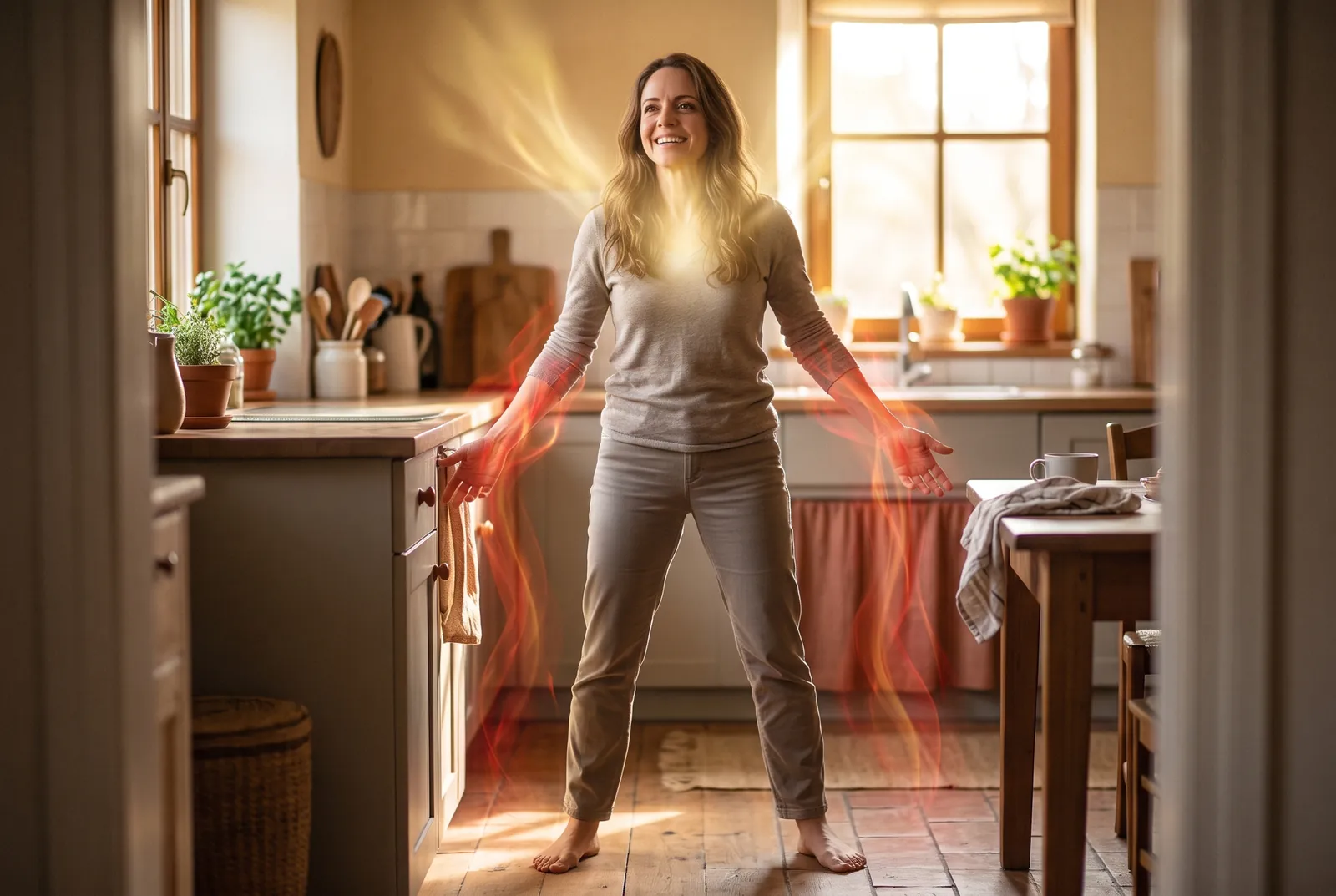 La misma mujer, descalza y sonriente, con los brazos abiertos y una luz dorada en el pecho, mientras la energía rojiza de la rabia baja por su cuerpo hacia el suelo.