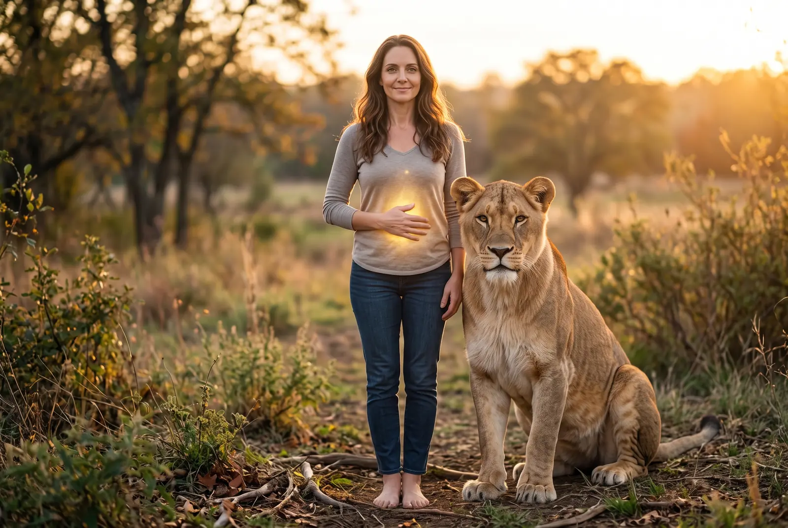 Mujer serena y descalza en la naturaleza al atardecer, con una mano en el vientre iluminado por una luz dorada, junto a una leona sentada que mira al frente con calma.