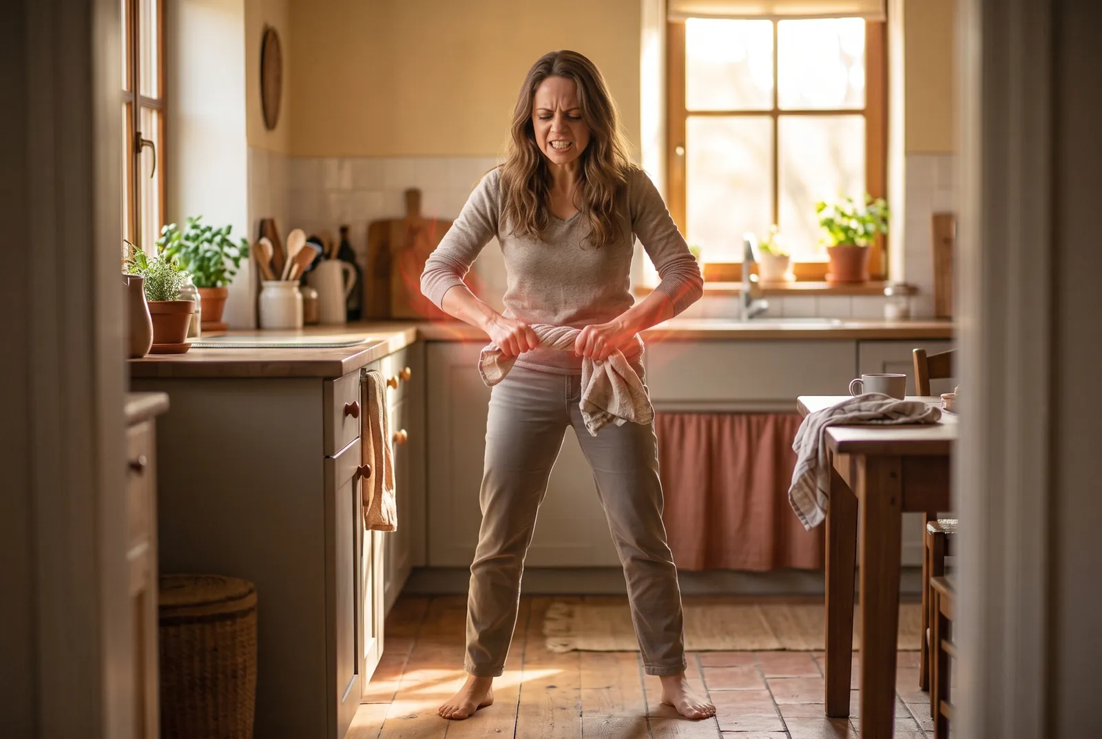 Mujer descalza en su cocina retorciendo un trapo con todas sus fuerzas, con gesto de esfuerzo y enfado, mientras suelta la rabia de forma segura.